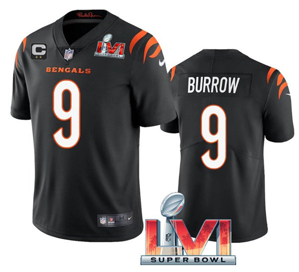 Men's Cincinnati Bengals #9 Joe Burrow 2022 Black With C Patch Super Bowl LVI Vapor Limited Stitched Jersey